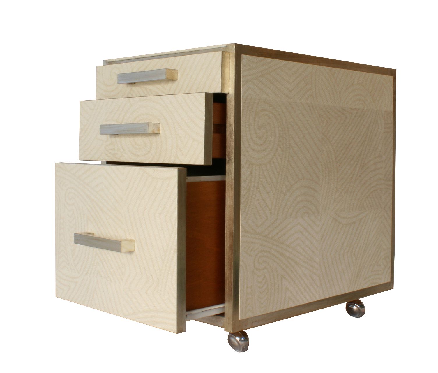 "Safari Trip" Restyled Three Drawer Unit By Habitat Improver With Textured Vynil Wallpaper And Aged Silver Leaf photo 825.0