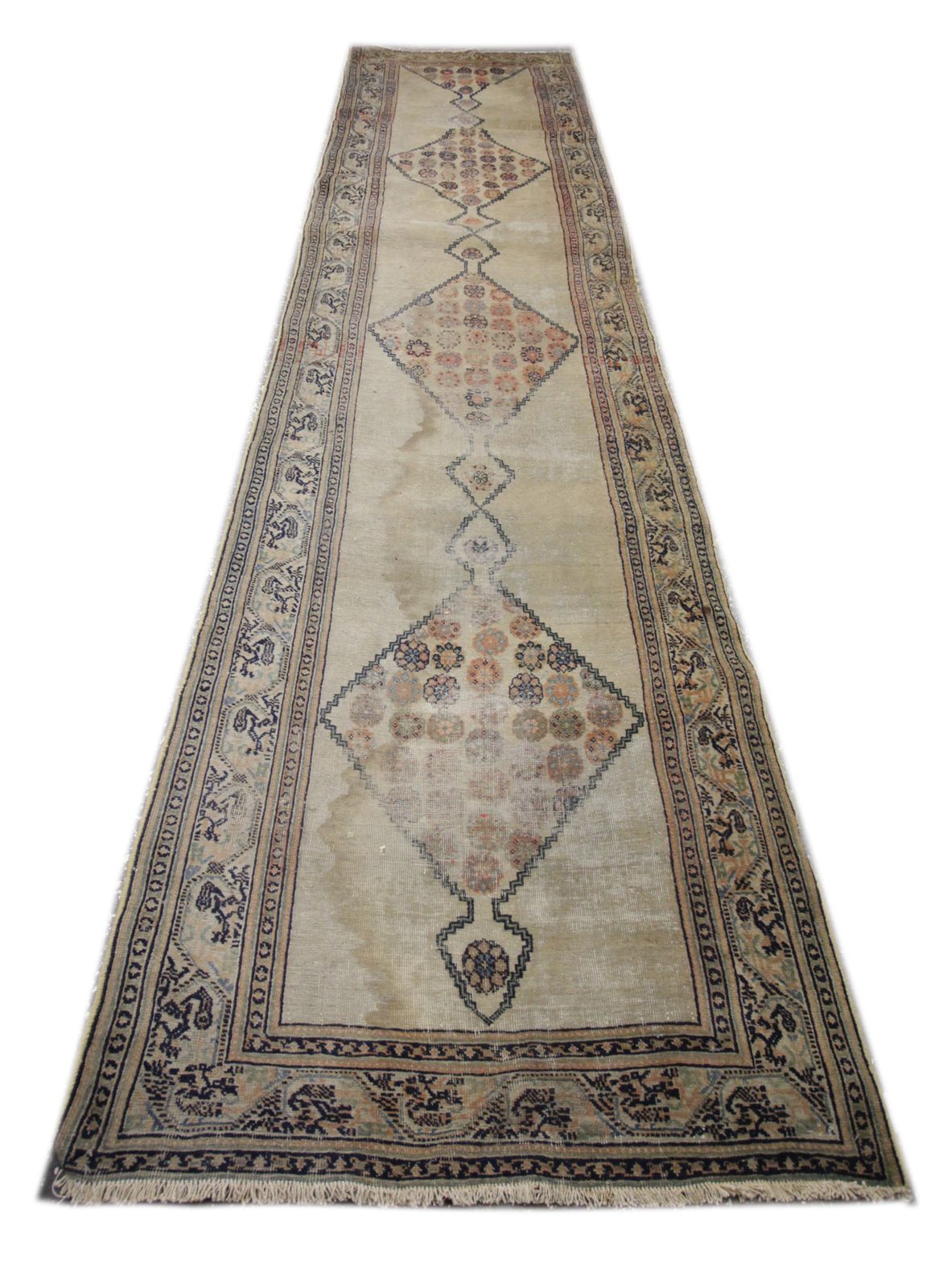 Antique Rug Caucasian Carpet Runner, Cream Wool Runner 103x386cm photo furniture