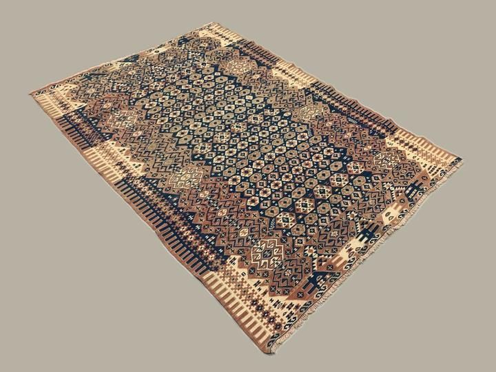 Vintage Turkish Kilim 207x147 Cm Tribal Kelim Rug, Blue, Red, Beige, Medium photo furniture