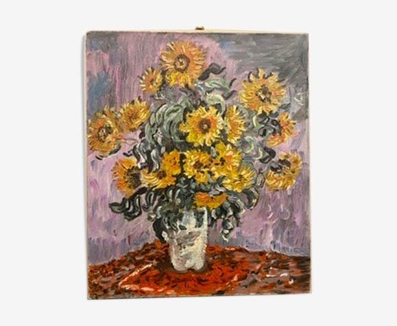 Still Life Painting With Sunflowers Oil On Canvas 60s / 70s