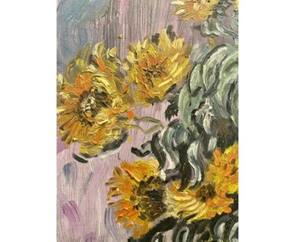 photo furniture Still Life Painting With Sunflowers Oil On Canvas 60s / 70s