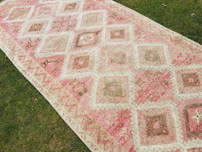 1970s Kitchen Rug, Area Rug Large Handwoven Wool Oushak Carpet Runner, Bohemian Decor Pastel Color Oriental Turkish Rug   4′11″ × 10′10″ photo buy