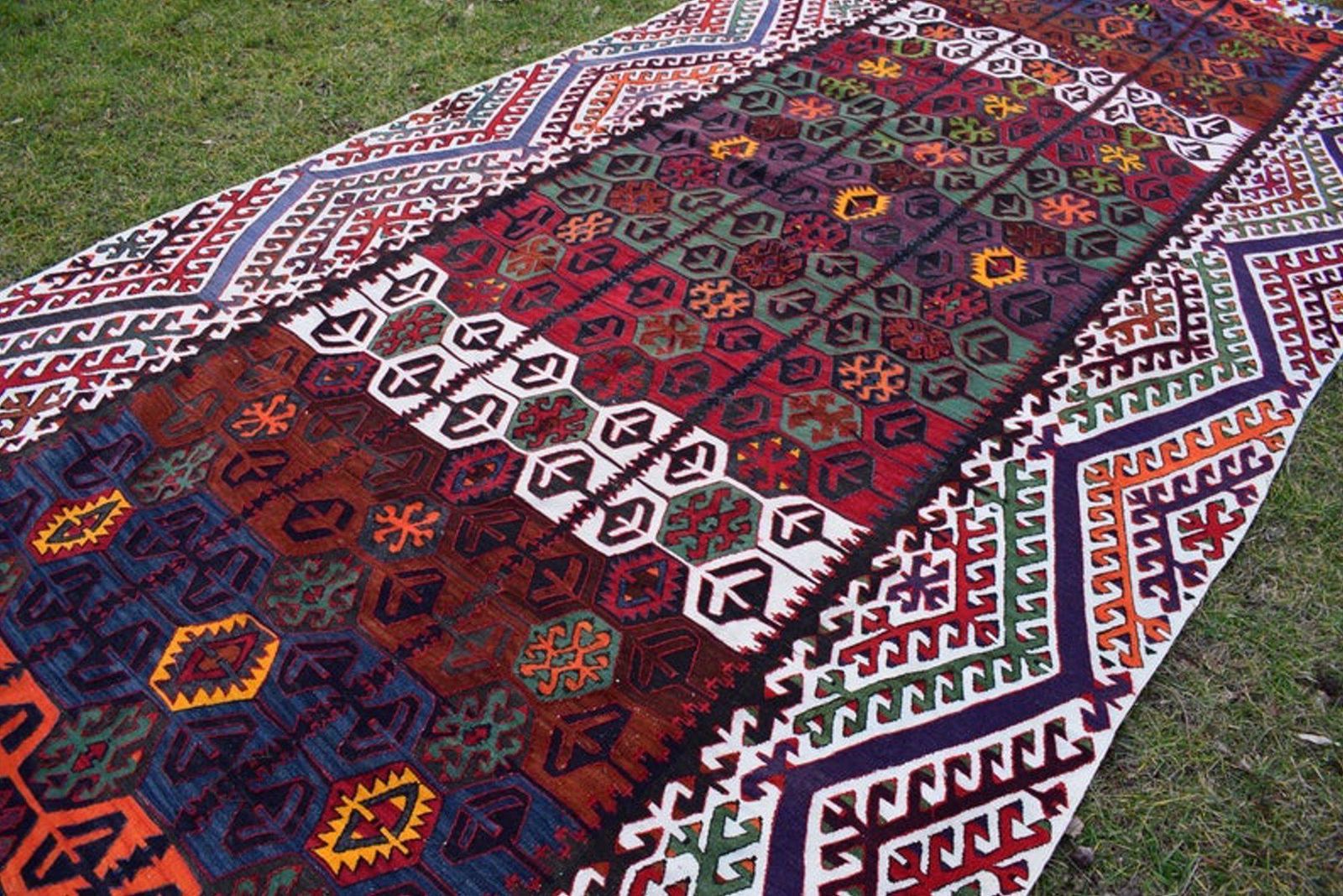 Colorful Vintage Kilim Rug With Tribal Style, Boho Chic Flat Weave Turkish Kilim 6.2 X 14.6 Ft. photo buy