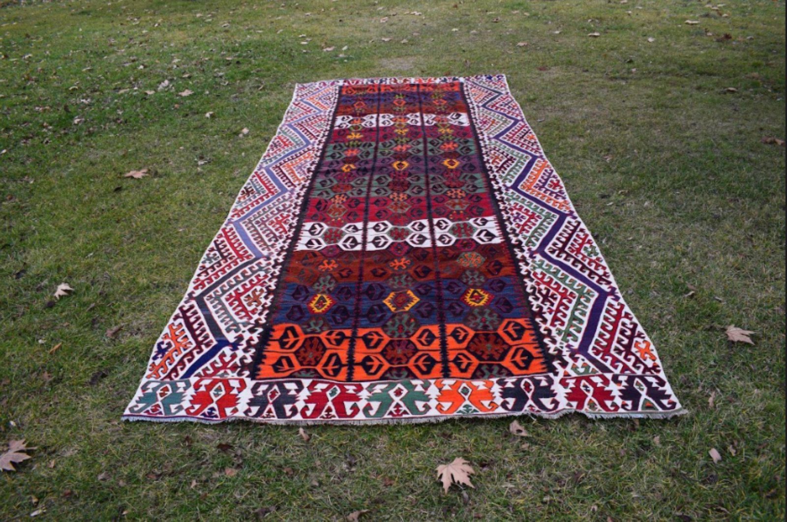 Colorful Vintage Kilim Rug With Tribal Style, Boho Chic Flat Weave Turkish Kilim 6.2 X 14.6 Ft.