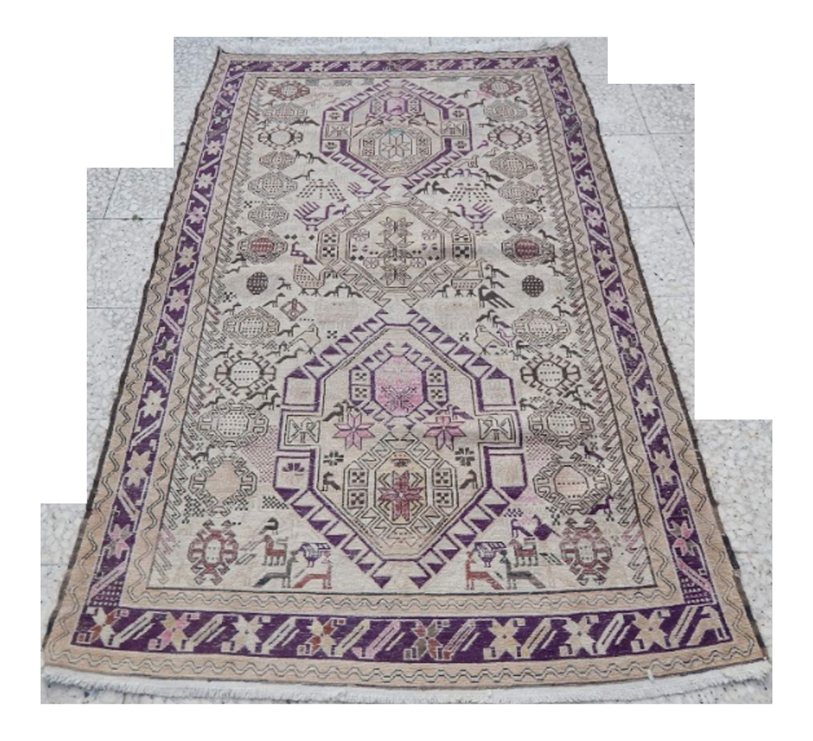 Vintage Animal Soumak, Mid Century Nomadic Gallery Rug 3′11″ × 6′2″