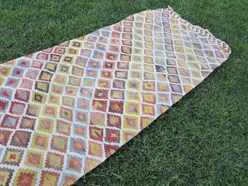1970s Handmade Wool Multi Color Staircase Turkish Kilim Rug Runner 3′3″ × 16′3″ photo furniture