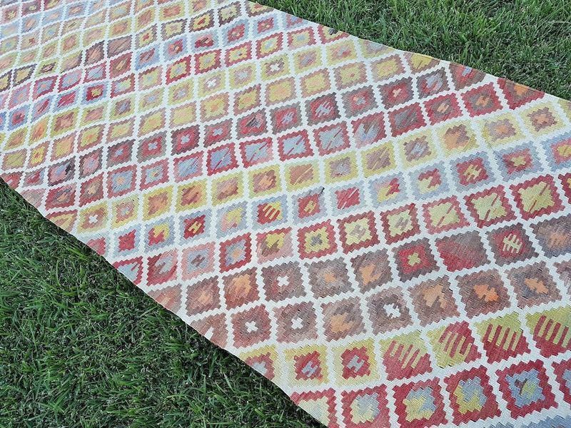 1970s Handmade Wool Multi Color Staircase Turkish Kilim Rug Runner 3′3″ × 16′3″ photo vintage