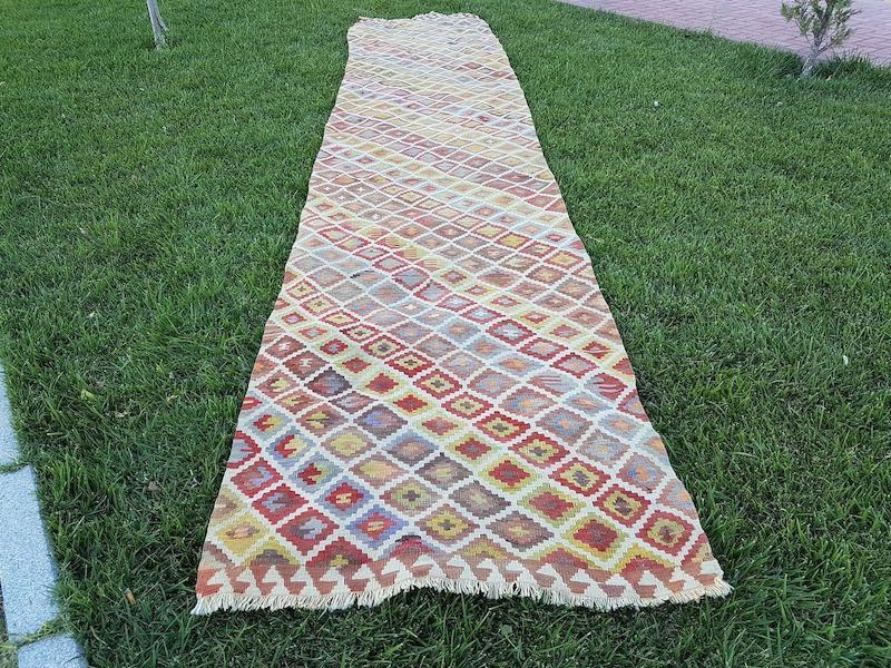 Textiles 1970s Handmade Wool Multi Color Staircase Turkish Kilim Rug Runner 3′3″ × 16′3″ photo