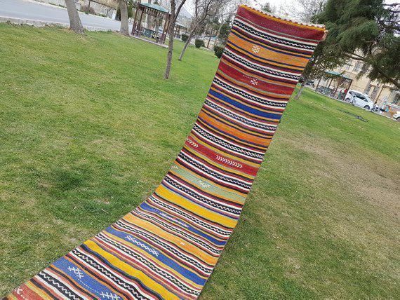 1970s Vintage Turkish Kilim Striped Runner Rug 2′5″ × 21′4″ photo furniture