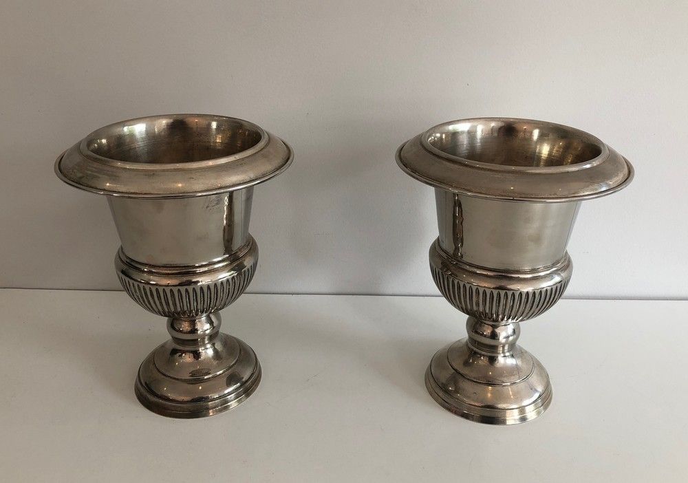 Pair Of Small Medicis Style Silvered Metal Champagne Bucket. French. Circa 1940 photo furniture