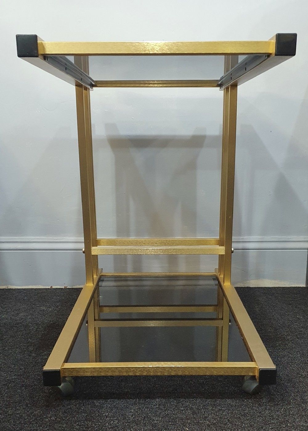 1970s Retro Vintage Drinks / Cocktail Trolley 2 Tier Smoked Black Glass & Brushed Gold Metal photo Furniture