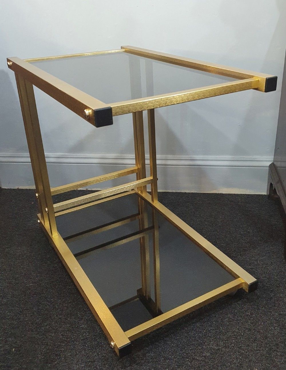 1970s Retro Vintage Drinks / Cocktail Trolley 2 Tier Smoked Black Glass & Brushed Gold Metal photo vinterior