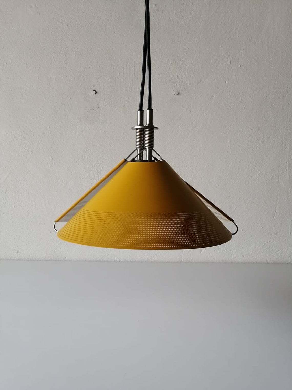 Wonderful Italian Sintheto Soffitto Yellow Metal Pendant Lamp By F. A. Porsche For Luci, 1980s Italy photo furniture