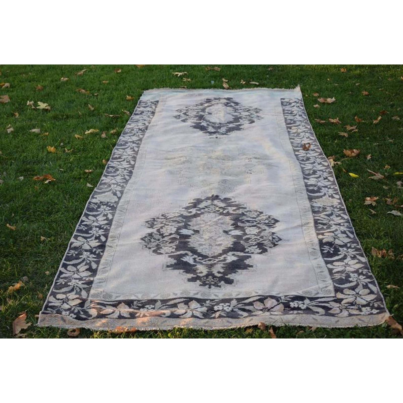 Modern Turkish Oushak Rug With Blue Field And Big Flower Medallions On Center, Accent Rug