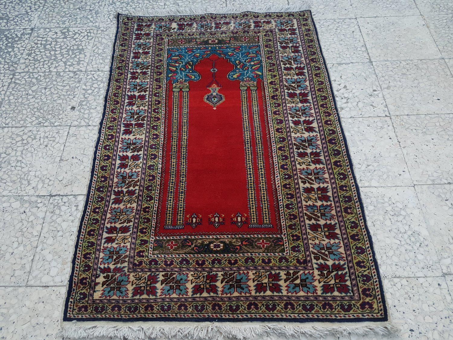 1980s Traditional Oriental Handmade Prayer Carpet, Double Knotted Small Sized Pile Rug, Wall Hanging Floor Covering Rugs, 3' X 4'7'' / 92x139cm