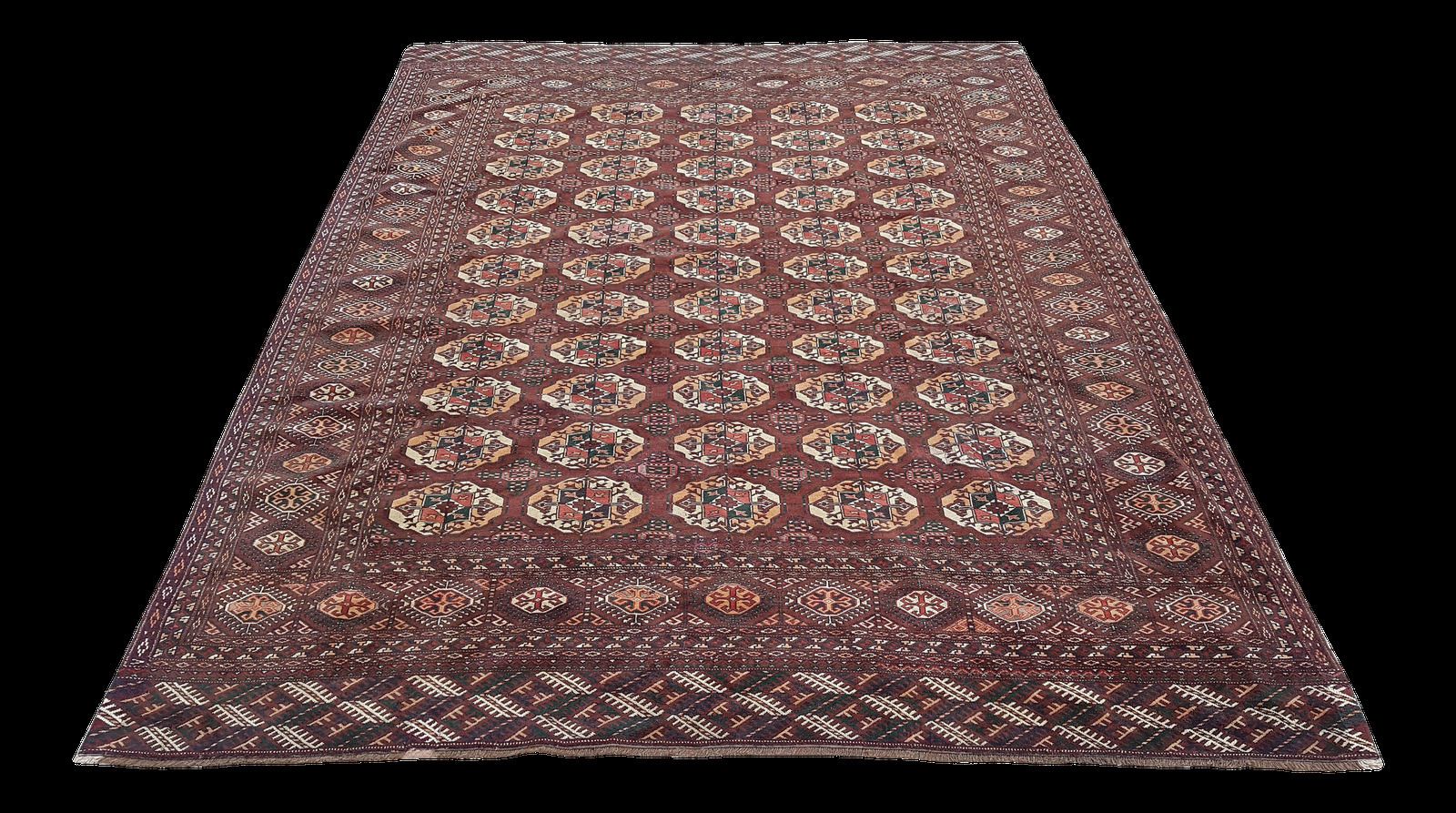 1950s Vintage Turkmen Wool Low Pile Tekke Bokhara Area Rug 8′7″ × 9′3″