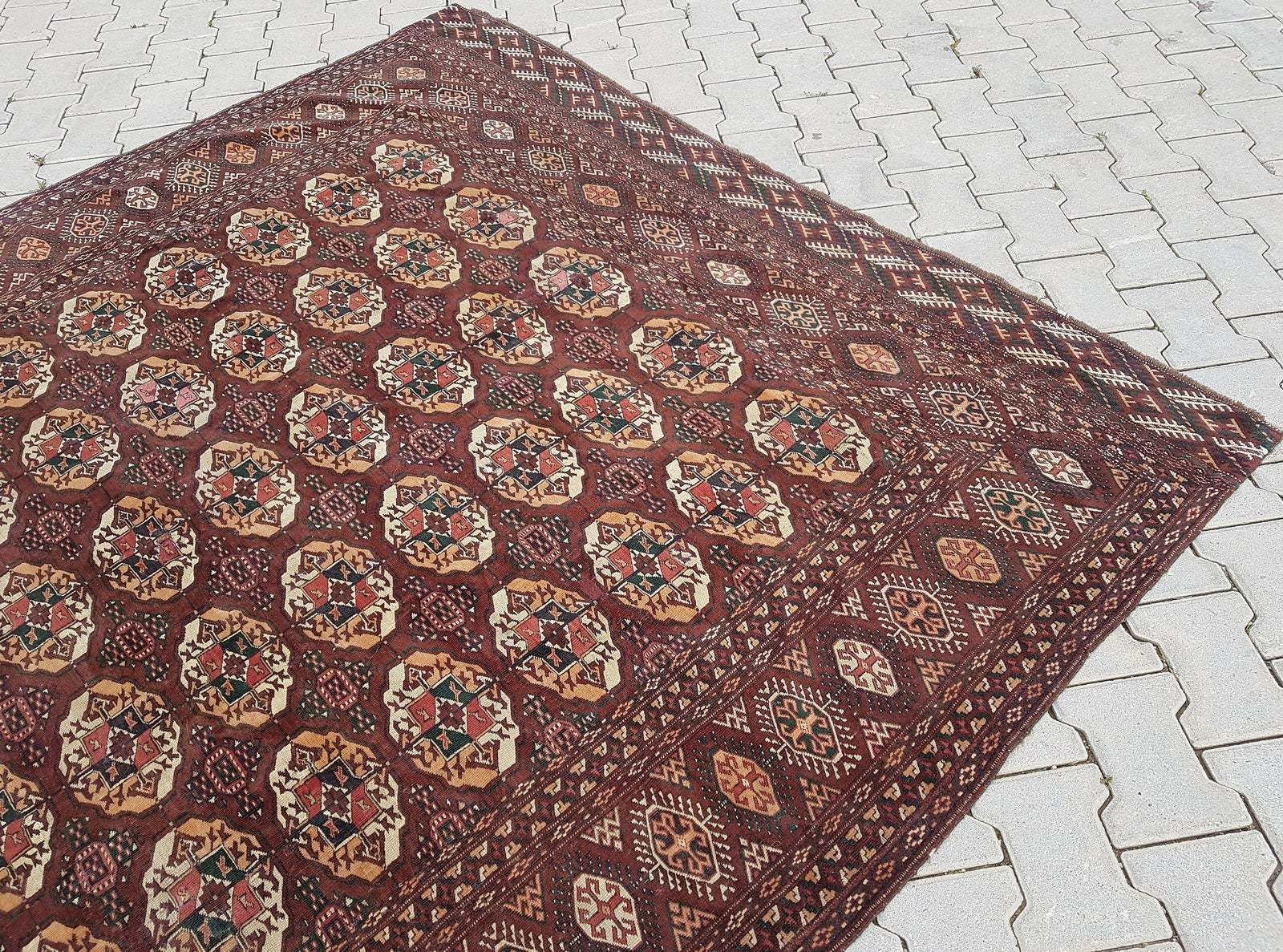 1950s Vintage Turkmen Wool Low Pile Tekke Bokhara Area Rug 8′7″ × 9′3″ photo for sale