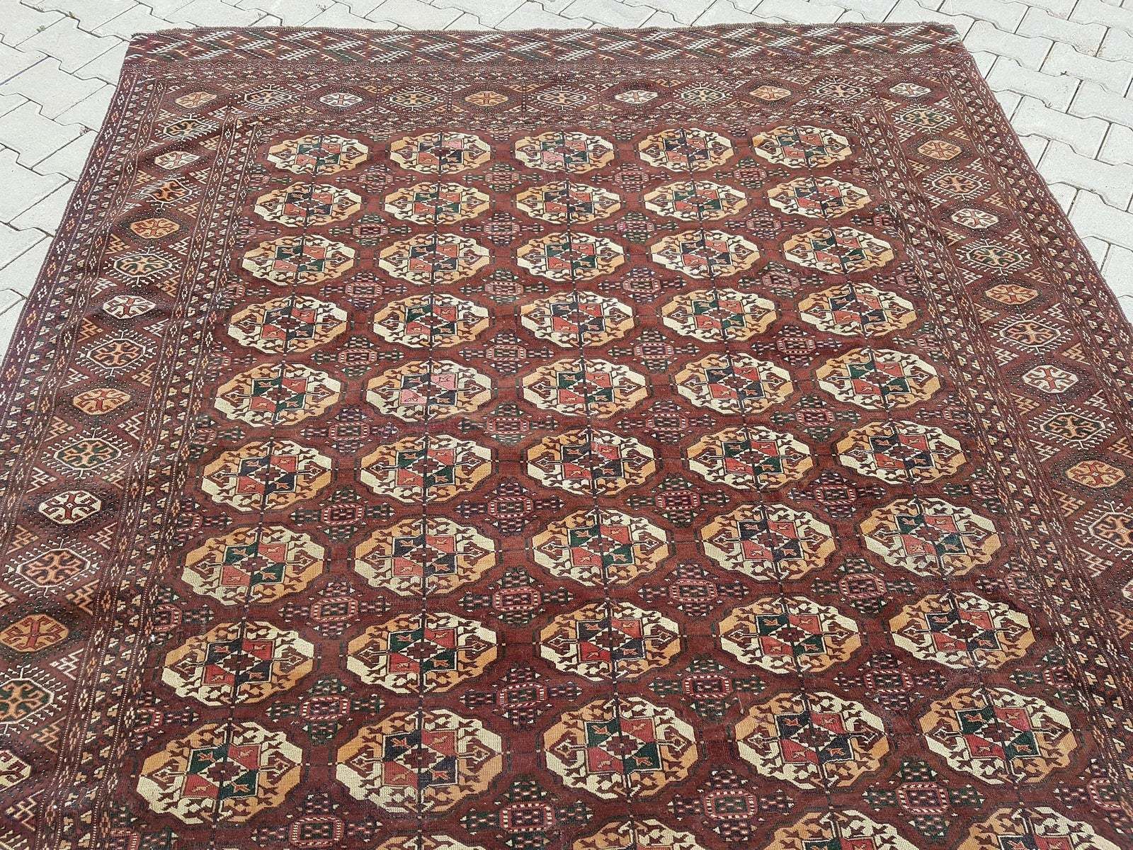 1950s Vintage Turkmen Wool Low Pile Tekke Bokhara Area Rug 8′7″ × 9′3″ photo Textiles