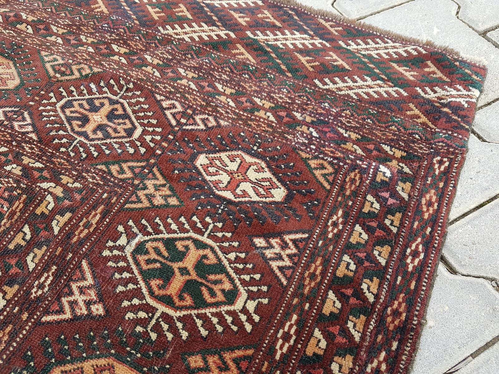 1950s Vintage Turkmen Wool Low Pile Tekke Bokhara Area Rug 8′7″ × 9′3″ photo 2150.0