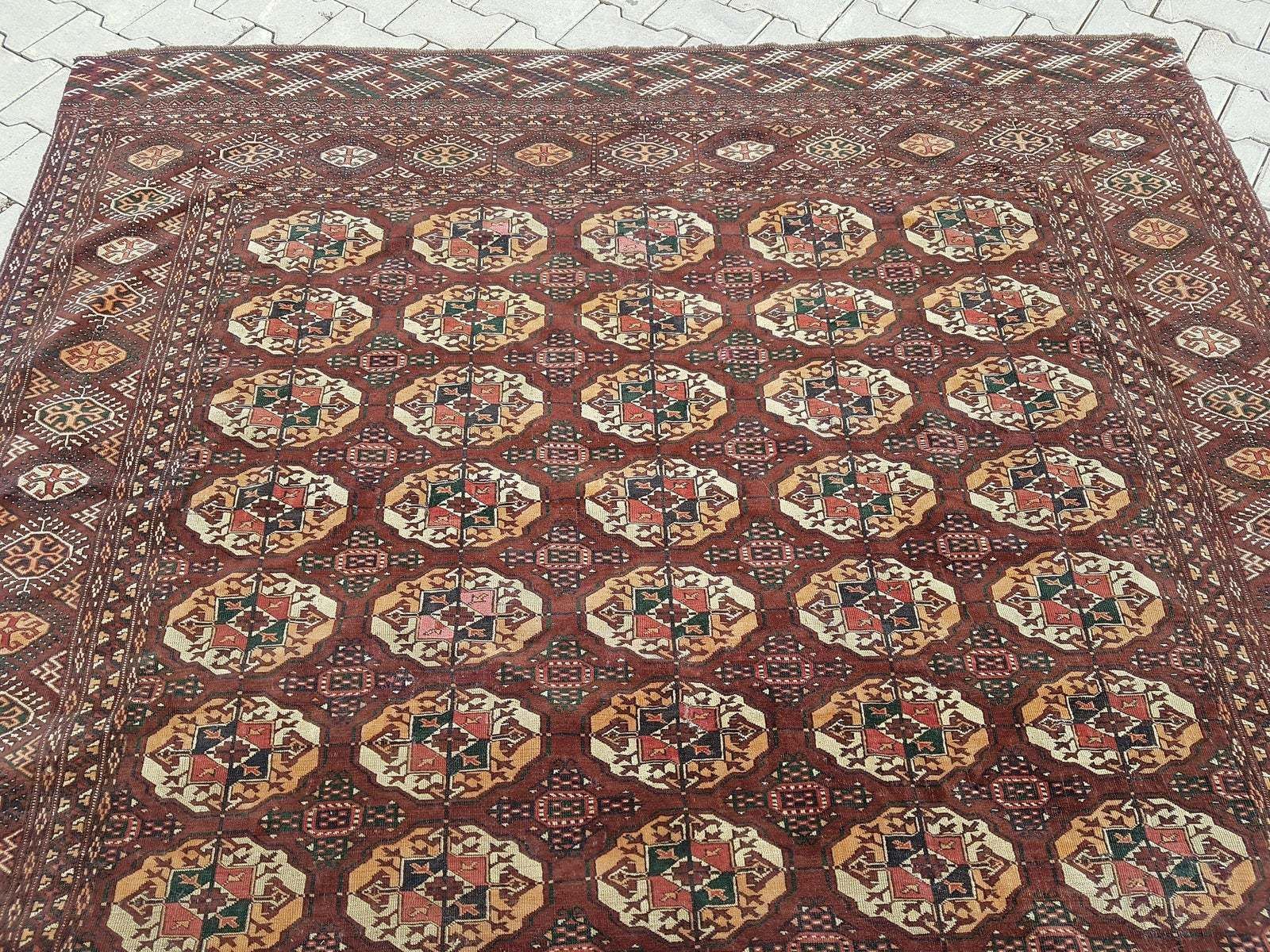 1950s Vintage Turkmen Wool Low Pile Tekke Bokhara Area Rug 8′7″ × 9′3″ photo vintage