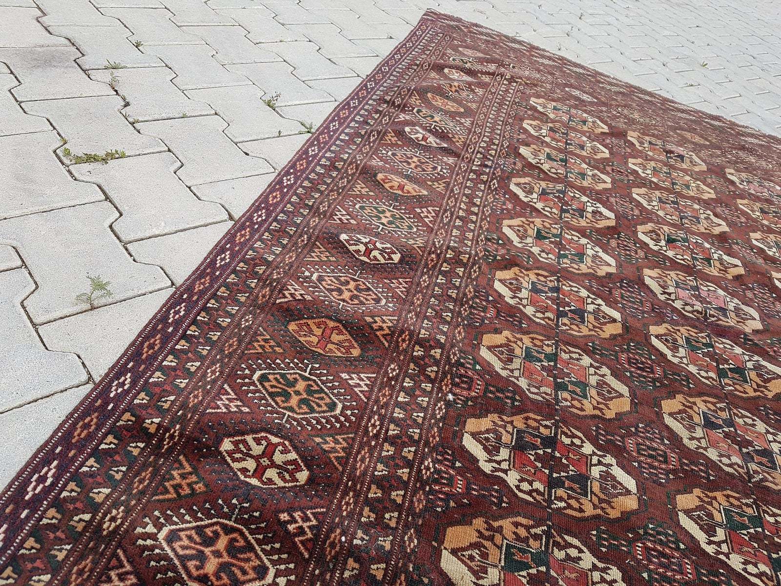 photo furniture 1950s Vintage Turkmen Wool Low Pile Tekke Bokhara Area Rug 8′7″ × 9′3″