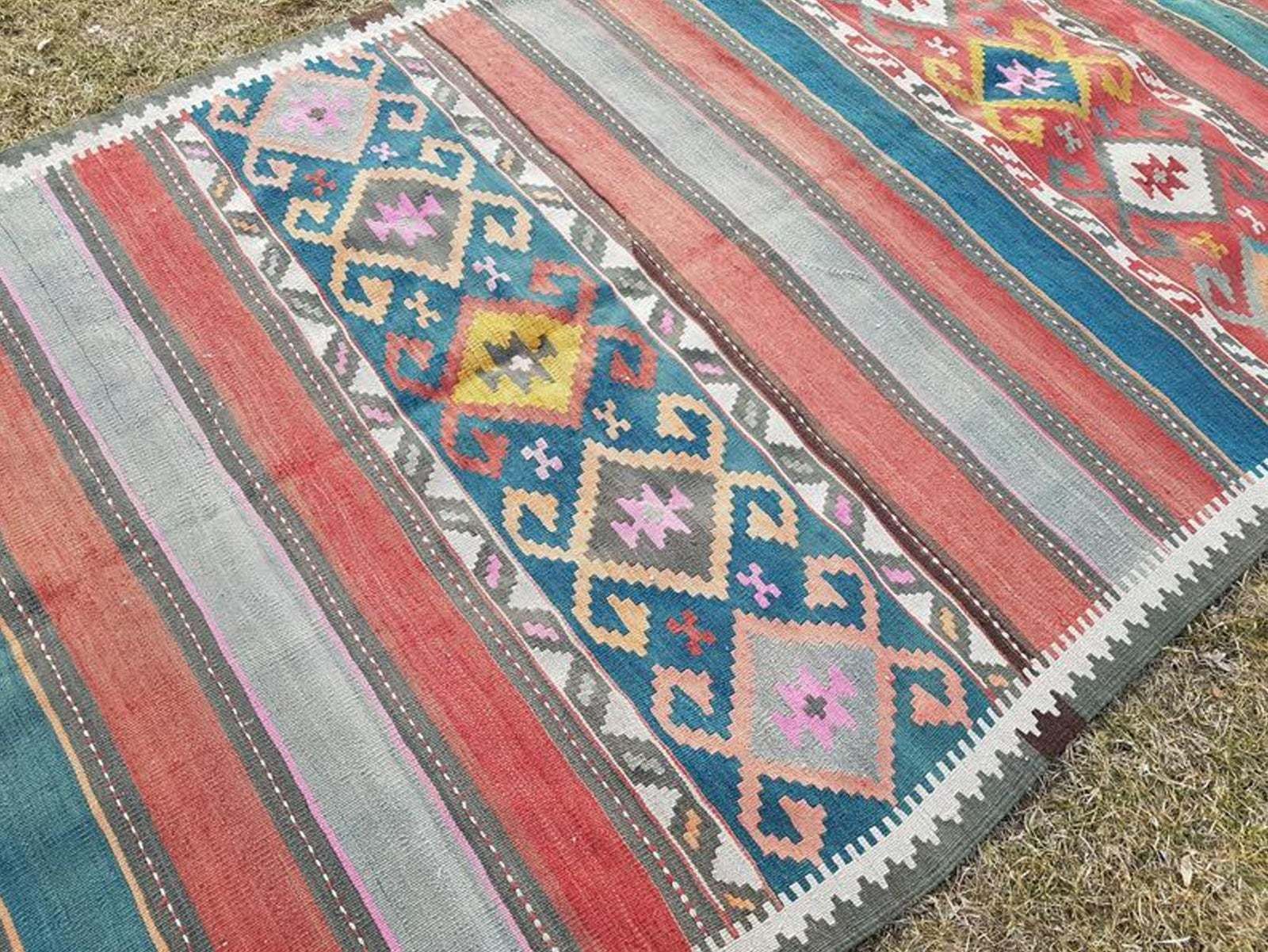 Vintage Midcentury Wide Caucasian Kilim Runner With Tribal Style, Flat Weave Foyer Size Kelim In Blue Pink And Orange Colors 51 X 114 Ft photo vintage