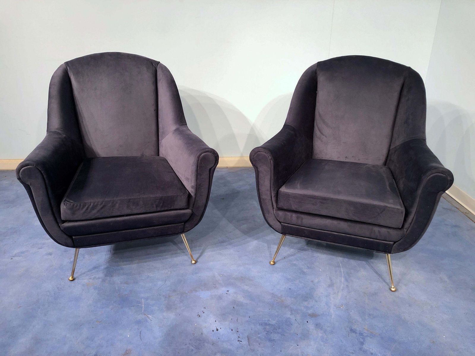 Pair Of Italian Midcentury Midnight Blue Velvet Armchairs, Gio Ponti Style 1950s photo furniture