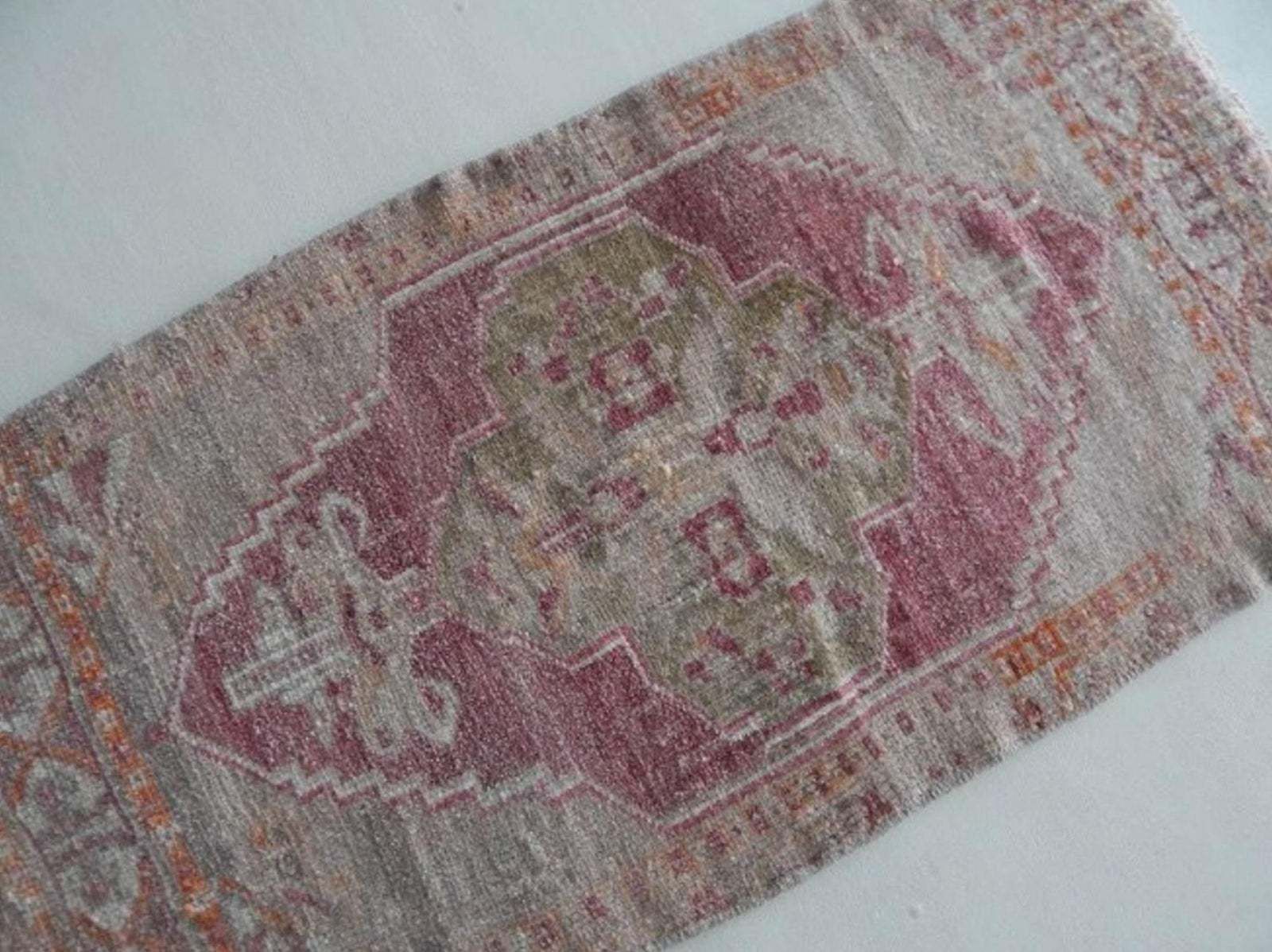 1970s Vintage Petite Distressed Low Pile Turkish Yastik Rug 1′10″ × 3′7″ photo for sale