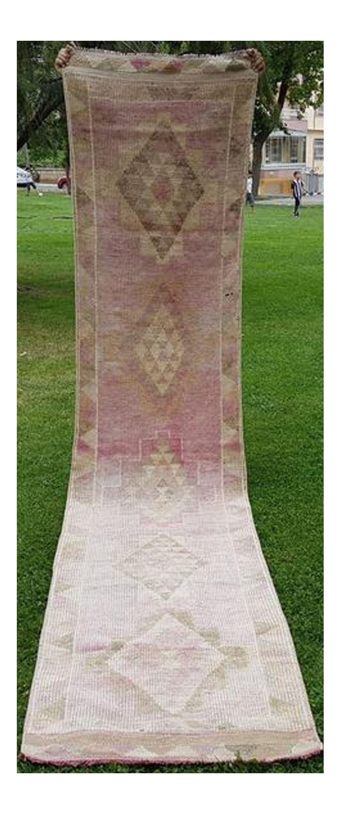 Antique 2.7 X 12.1 Ft. Rose Gold & Pink Color Kurdish Wool Handwoven Gallery Runner Area Rug Traditional Distressed Overdye Oushak Hall Rug photo for sale