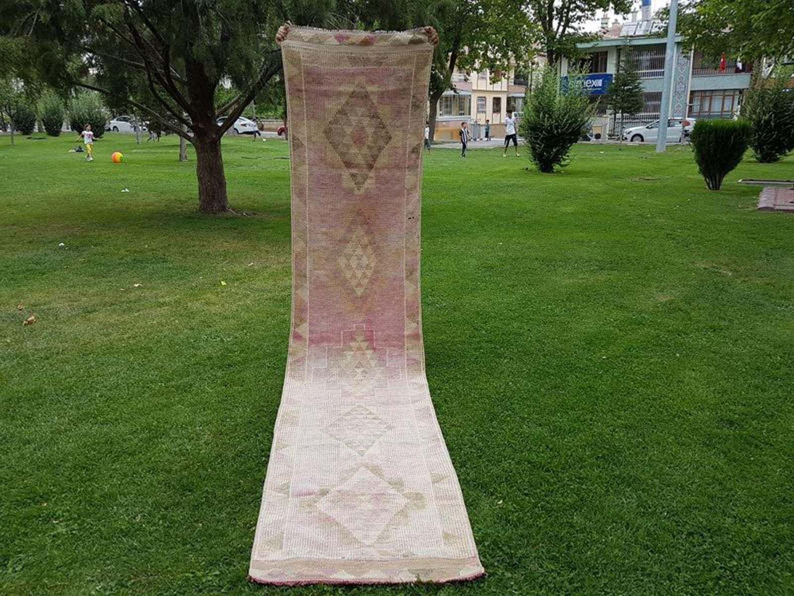 Antique 2.7 X 12.1 Ft. Rose Gold & Pink Color Kurdish Wool Handwoven Gallery Runner Area Rug Traditional Distressed Overdye Oushak Hall Rug photo furniture