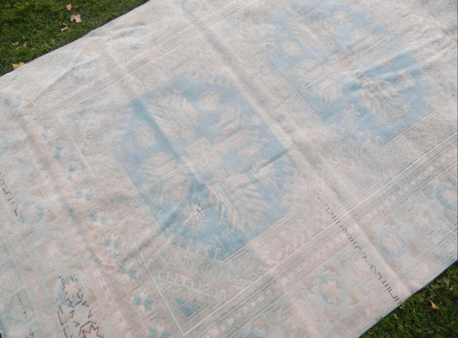Vintage 1960s Anatolian Geometric Distressed Kars Wool Oushak Rug photo vintage