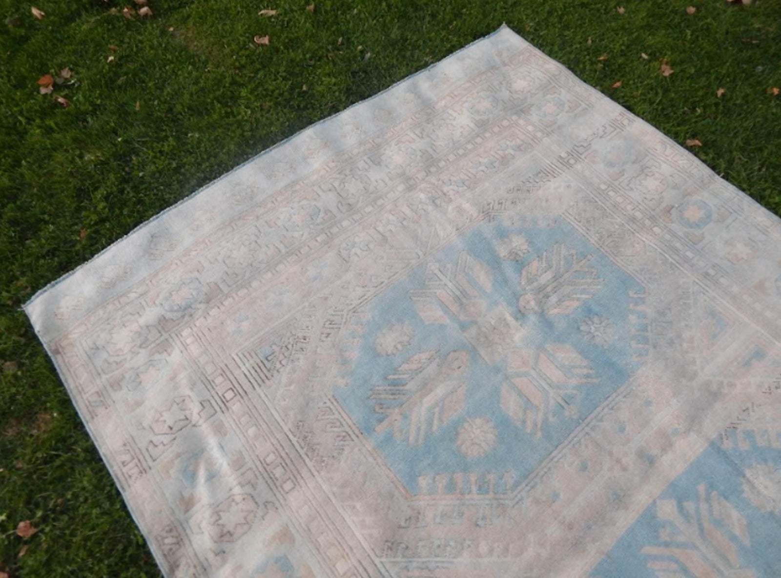 photo for sale Vintage 1960s Anatolian Geometric Distressed Kars Wool Oushak Rug