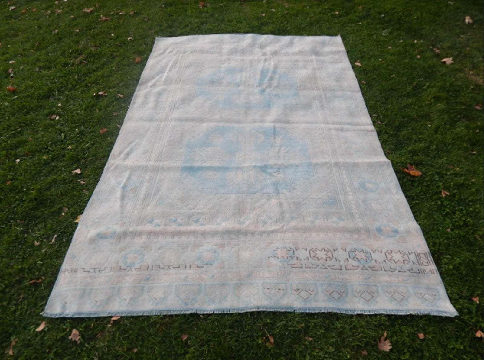 Vintage 1960s Anatolian Geometric Distressed Kars Wool Oushak Rug photo furniture