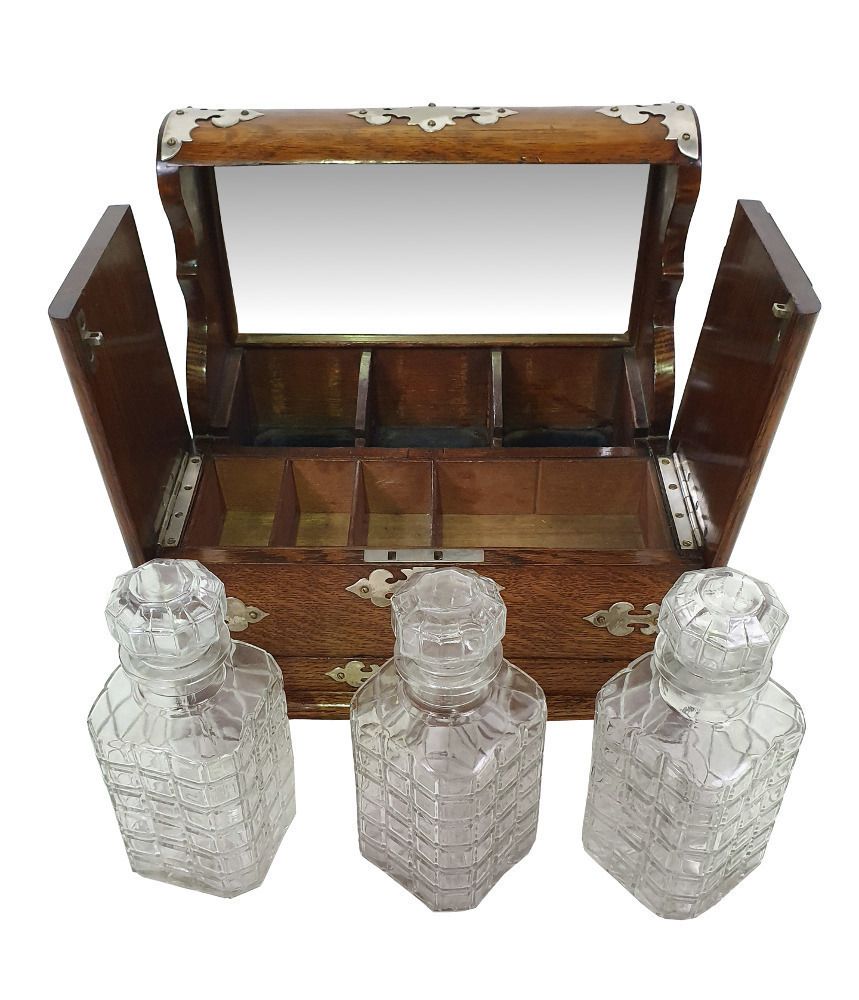 19th Century Oak Cased Tantulas Games Box With Three Decanters photo Home Decor