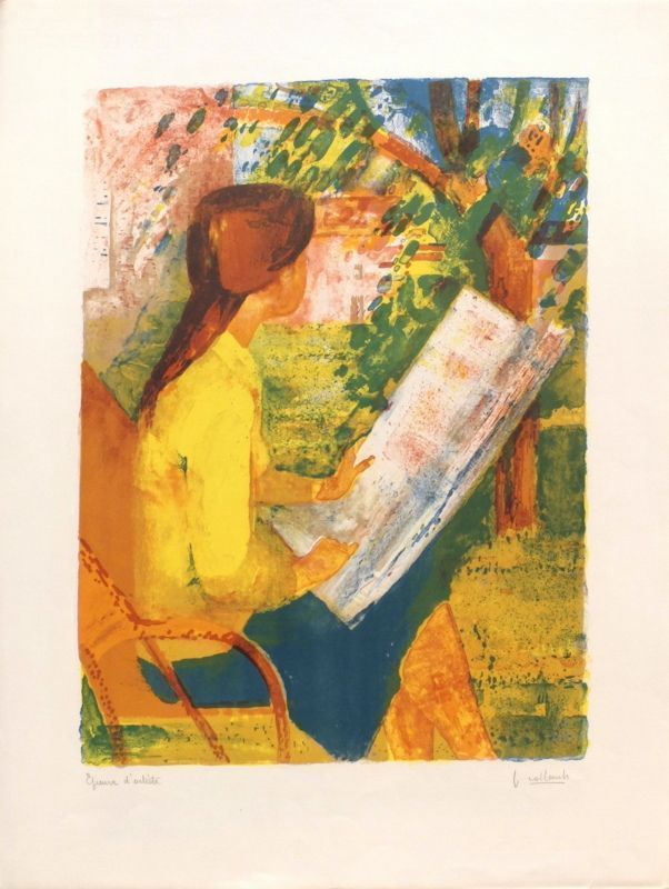 Collomb Paul Lithograph Young Girl In The Garden