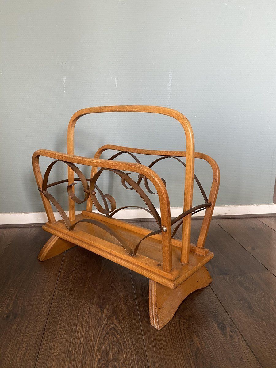 Vintage Wood And Brass Magazine Rack, 1930s photo Home Decor