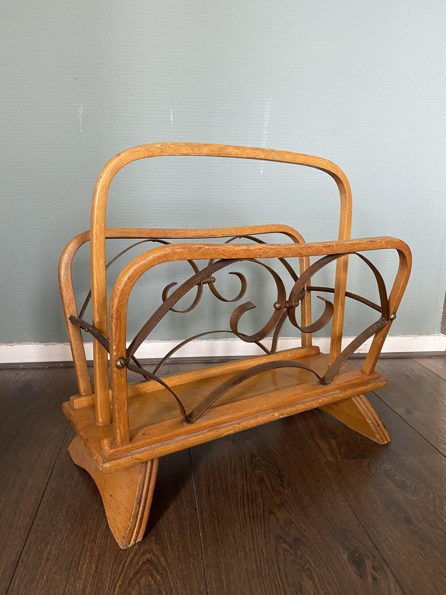 Vintage Wood And Brass Magazine Rack, 1930s photo buy