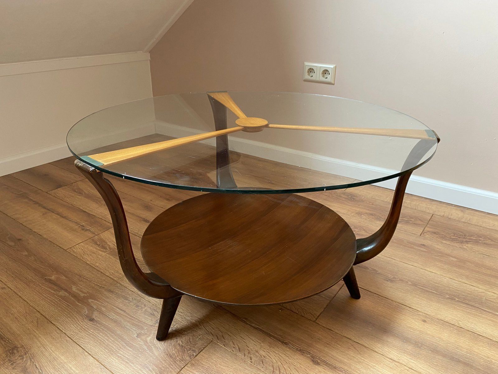 Mid Century Italian Round Ik Wood And Glass Coffee Table, 1950s photo furniture
