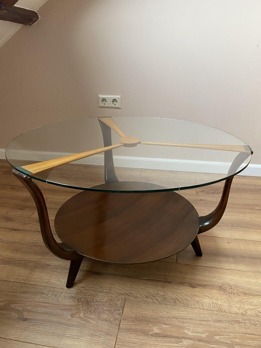 Mid Century Italian Round Ik Wood And Glass Coffee Table, 1950s photo 715.85