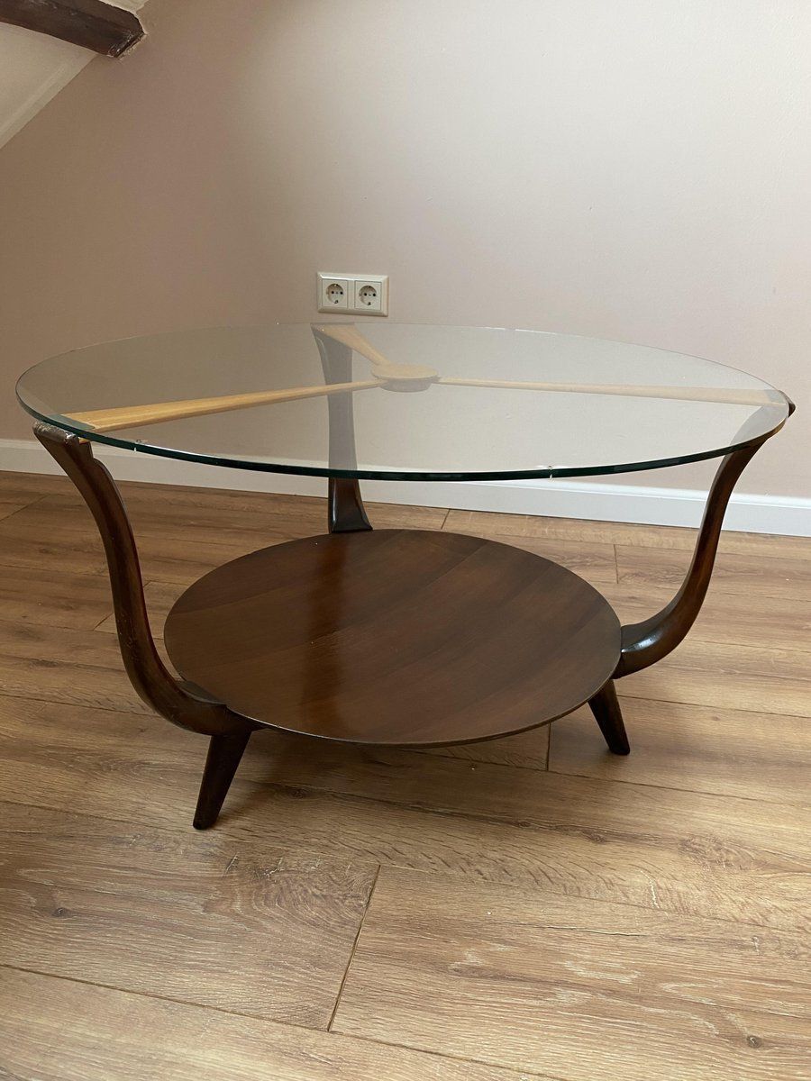 Mid Century Italian Round Ik Wood And Glass Coffee Table, 1950s photo buy