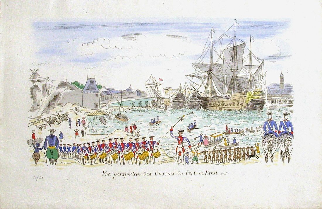 Falké Pierre (1884 1947) Watercolor Stenciled Engraving Perspective View Of The Basins Of The Port Of Brest 29 Finistère