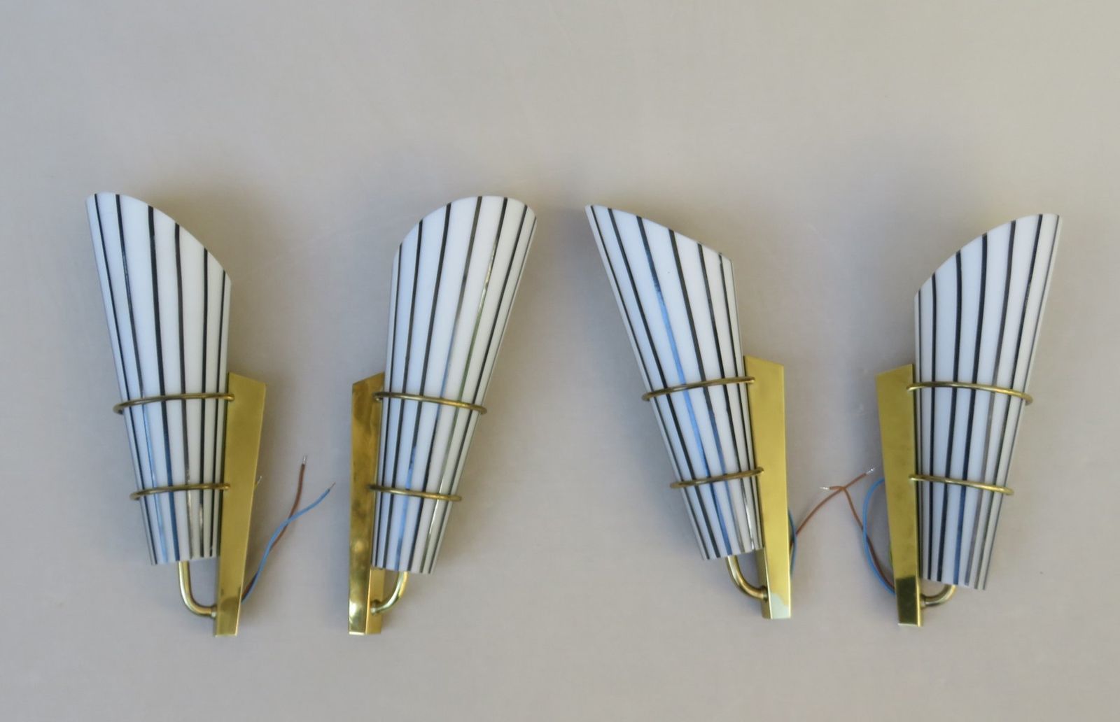 Extraordinary And Elegant Italian Black And White Striped Enamel Glass And Brass Sconces, 1950s, Set Of 4