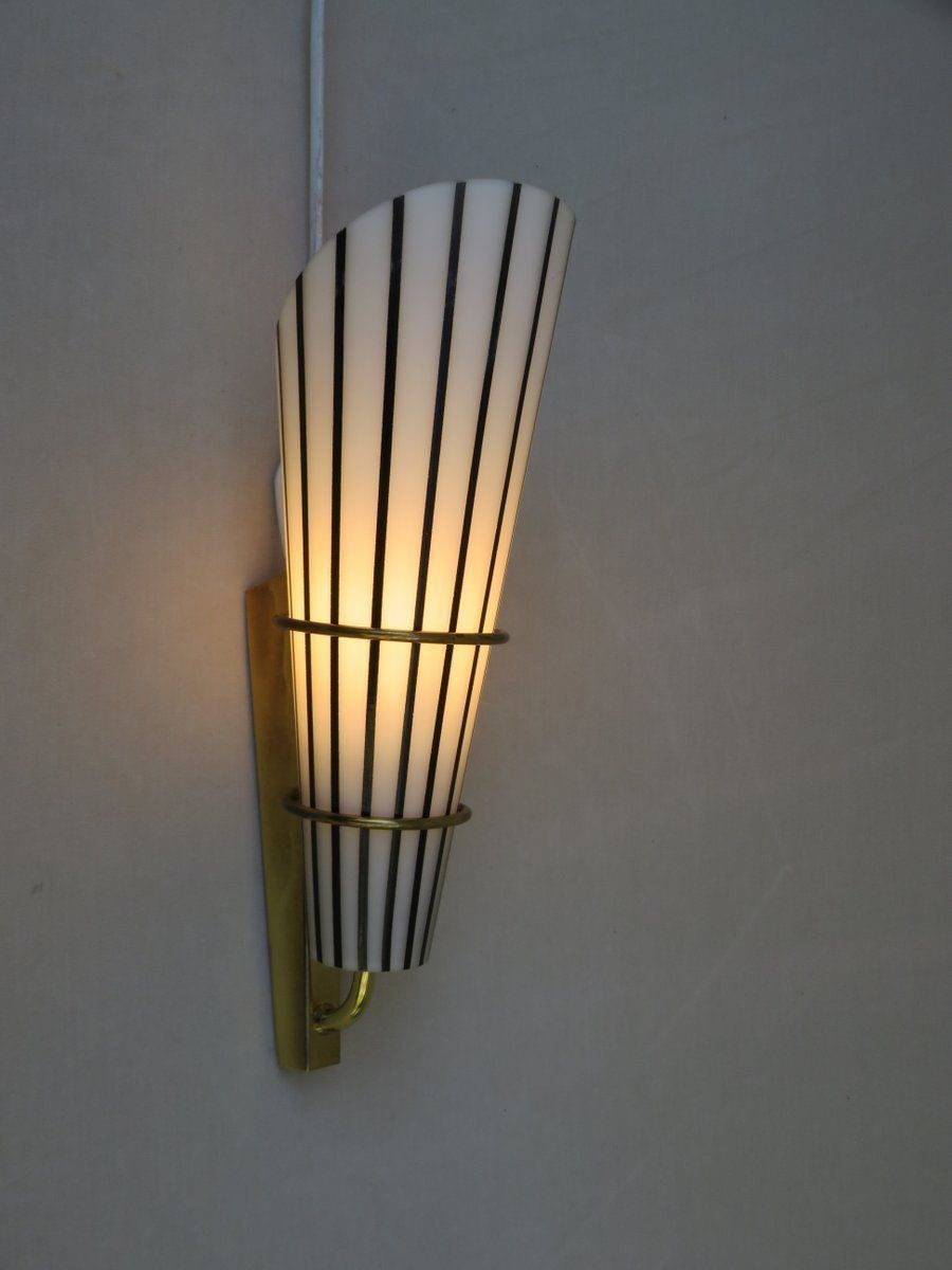 photo vinterior Extraordinary And Elegant Italian Black And White Striped Enamel Glass And Brass Sconces, 1950s, Set Of 4