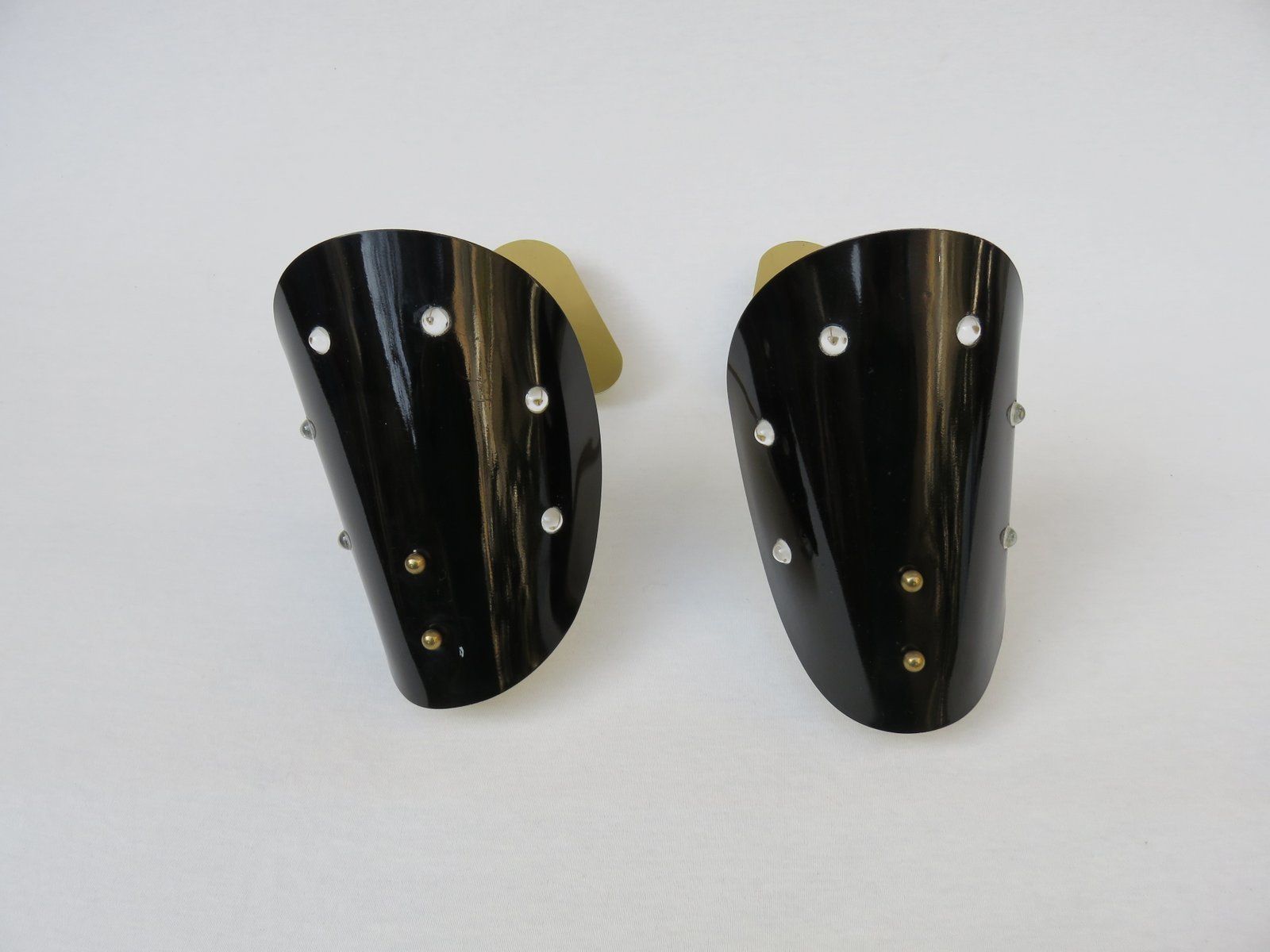 Extraordinary Italian Brass, Black Lacquered Aluminum, And Glass Bead Sconces, 1950s, Set Of 2 photo for sale
