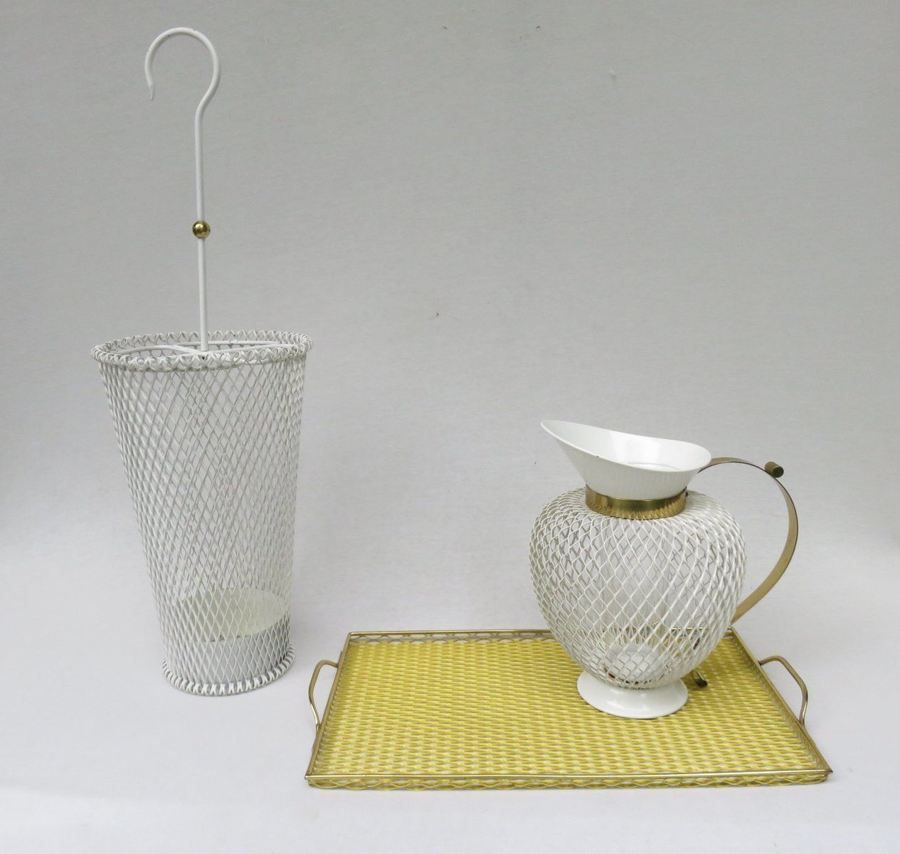 Mid Century White & Yellow Metal & Brass Umbrella Stand, Tray, & Jug, Set Of 3