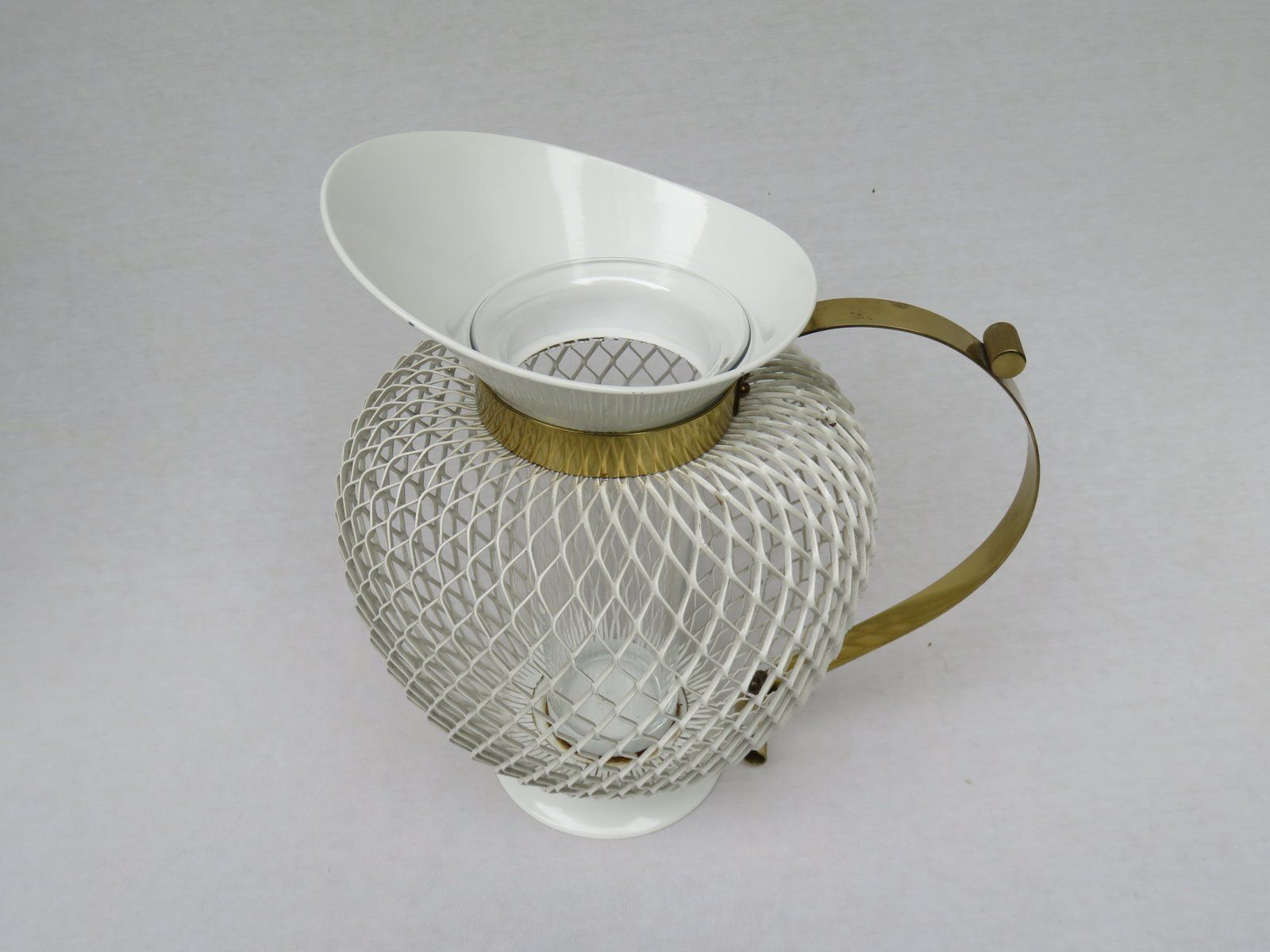 photo furniture Mid Century White & Yellow Metal & Brass Umbrella Stand, Tray, & Jug, Set Of 3