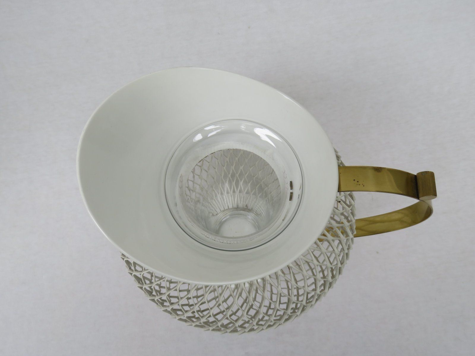 photo for sale Mid Century White & Yellow Metal & Brass Umbrella Stand, Tray, & Jug, Set Of 3