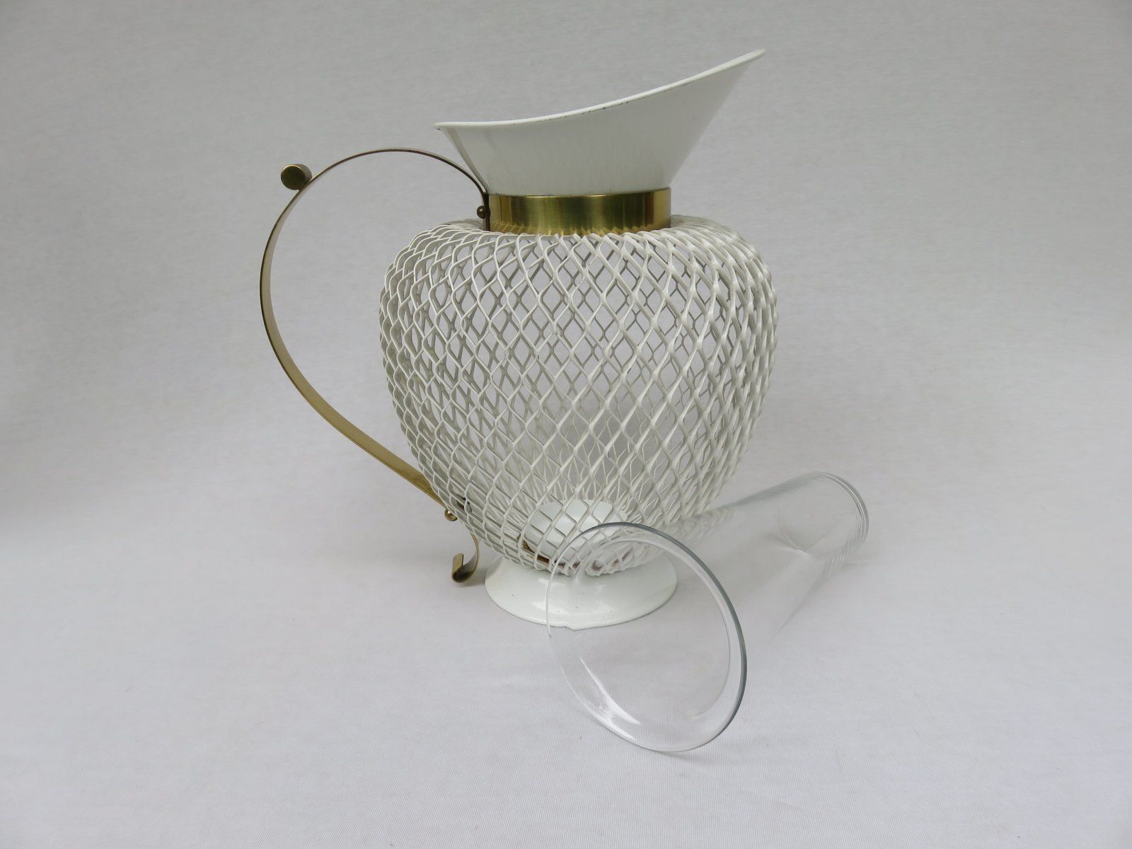 photo vintage Mid Century White & Yellow Metal & Brass Umbrella Stand, Tray, & Jug, Set Of 3