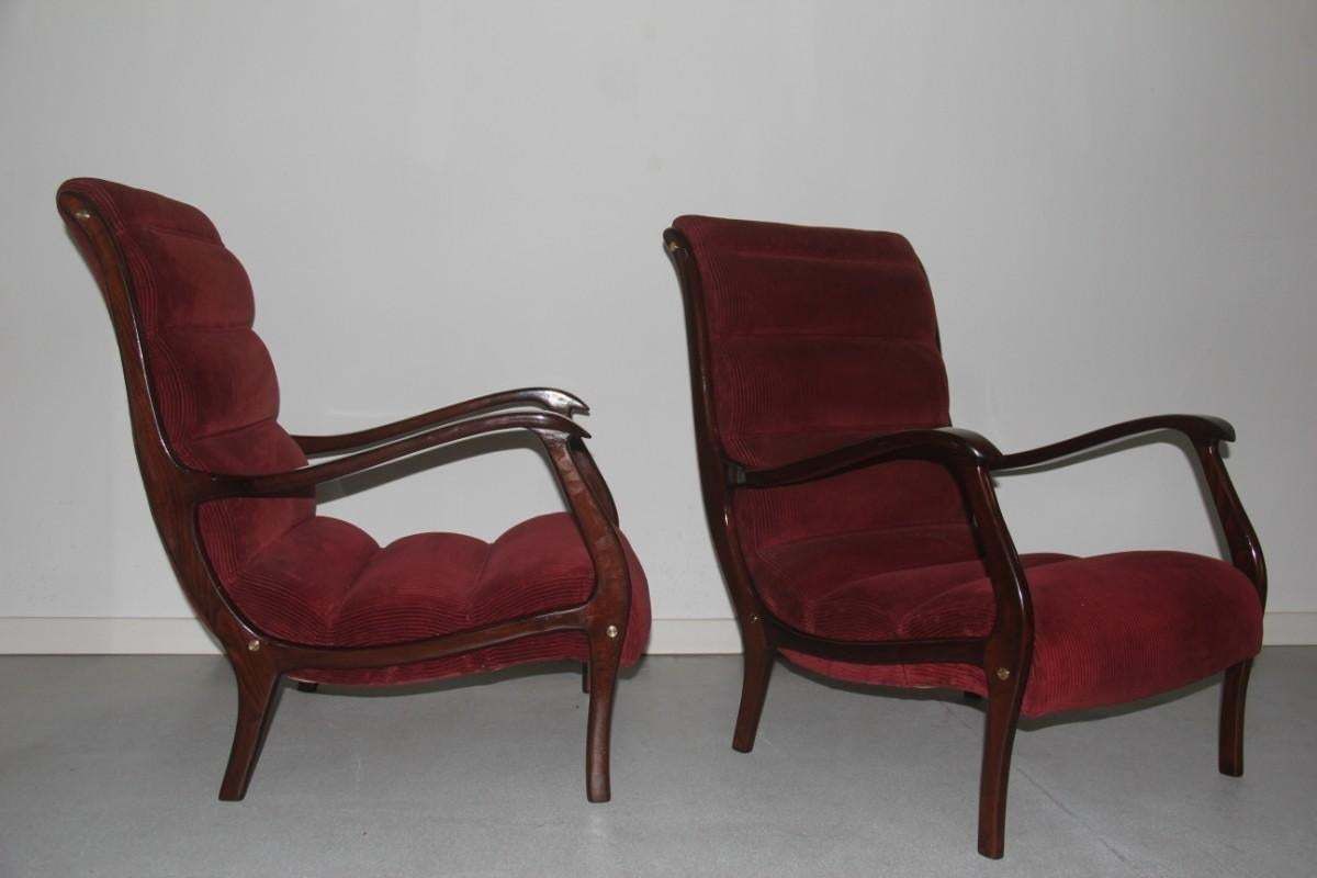 Armchairs Arredamenti Corallo 1950 Red Velvet Walnut Curved Italian Design, Pair photo for sale