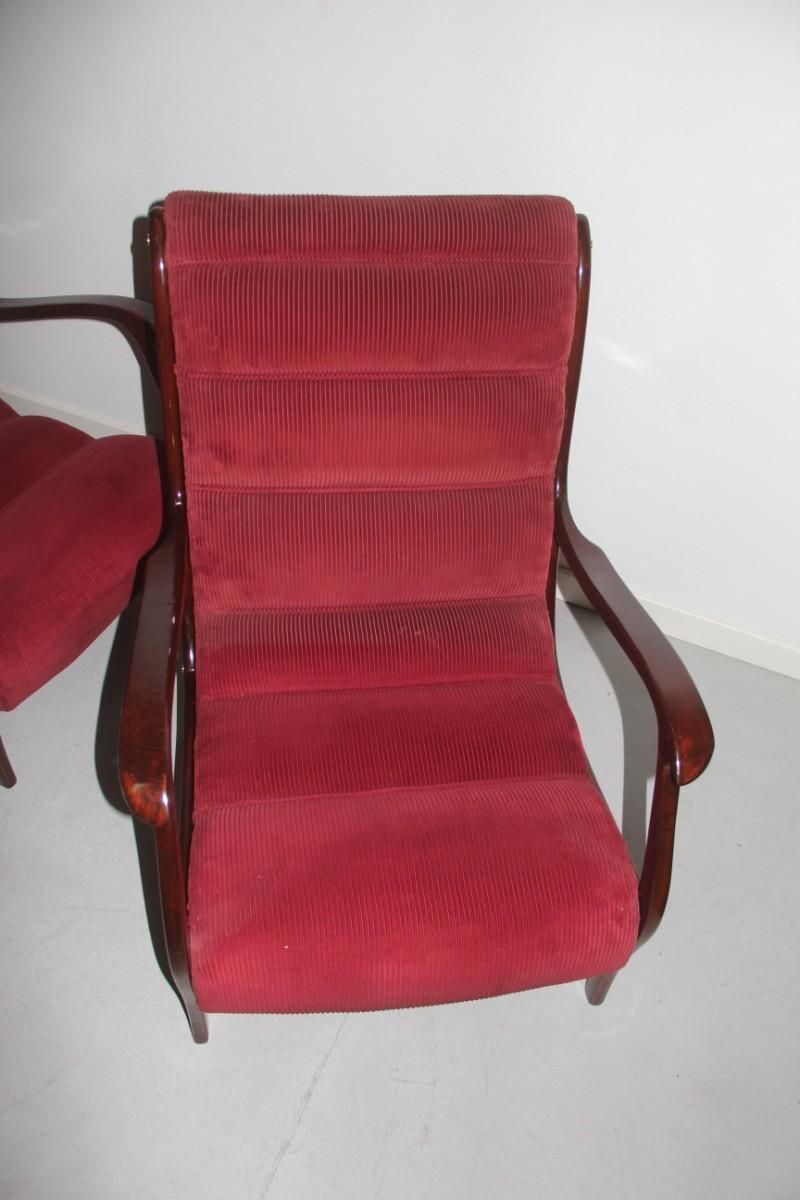 Armchairs Arredamenti Corallo 1950 Red Velvet Walnut Curved Italian Design, Pair photo vinterior